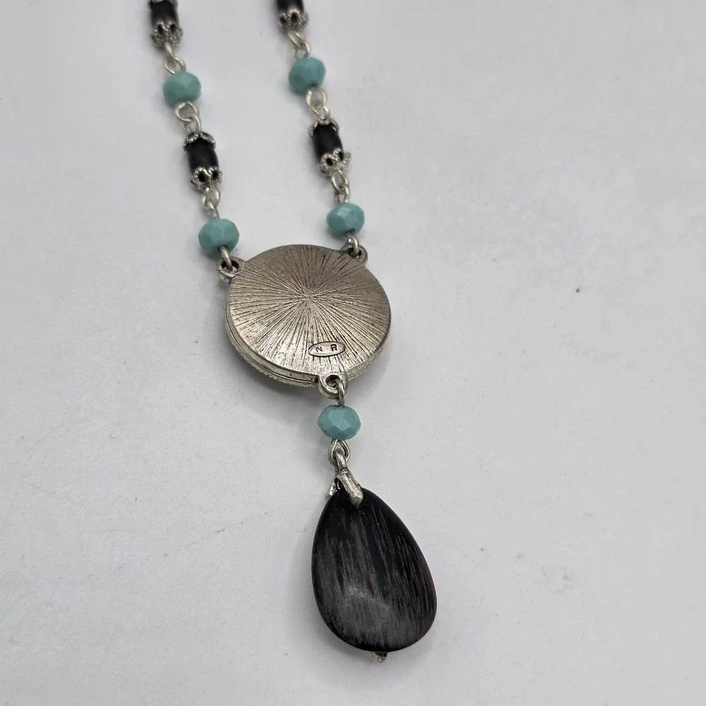 Vintage Napier Bohemian Filigree Mandala Turquoise Beaded Teardrop Necklace 18in